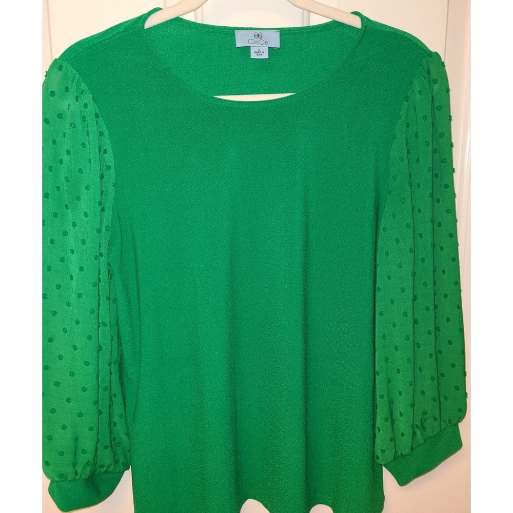 CeCe Puff Sleeve Mixed‎ Media Top Green - Size S Resort Vacation Preppy
